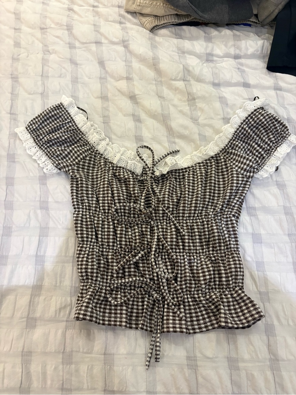 Zara Brown Gingham Lace-Trim Off-Shoulder Crop Top